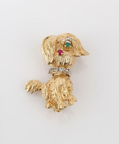 Spilla Cagnolino in Oro, Brillanti, Smeraldo, Rubino