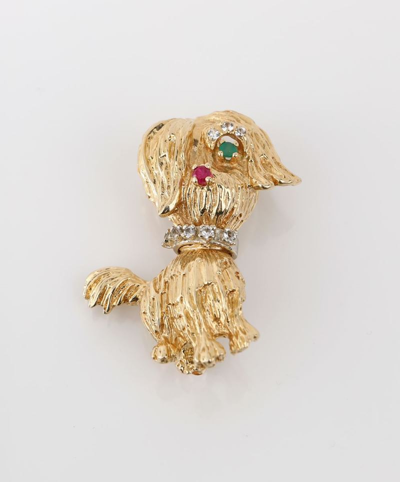 Spilla Cagnolino in Oro, Brillanti, Smeraldo, Rubino