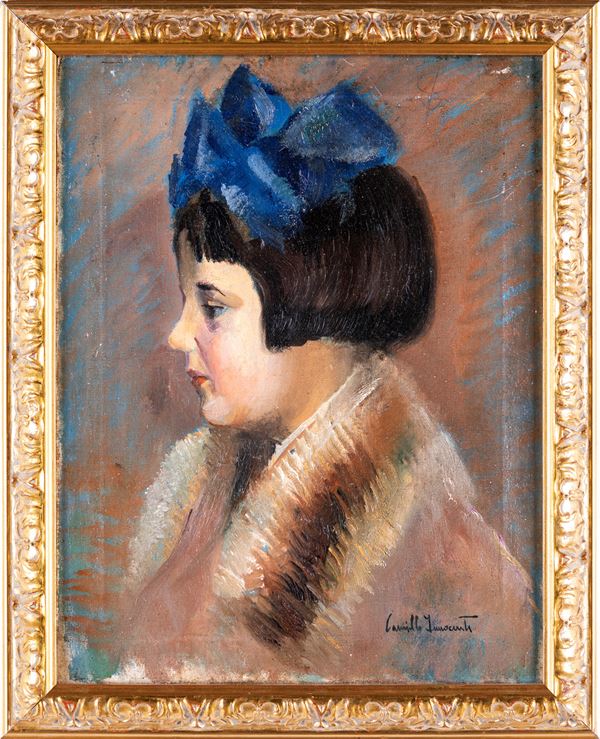 Pittore del XIX/XX secolo - Profilo di bambina con fiocco azzurro