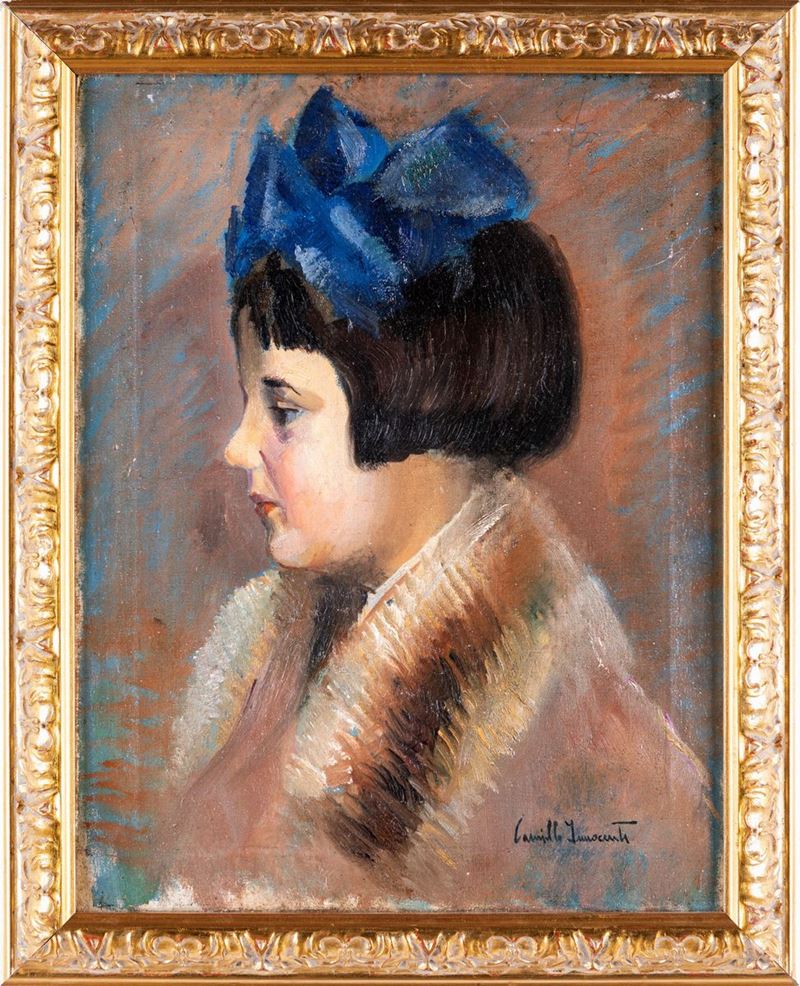 Pittore del XIX/XX Secolo - Profilo di Bambina con Fiocco Azzurro