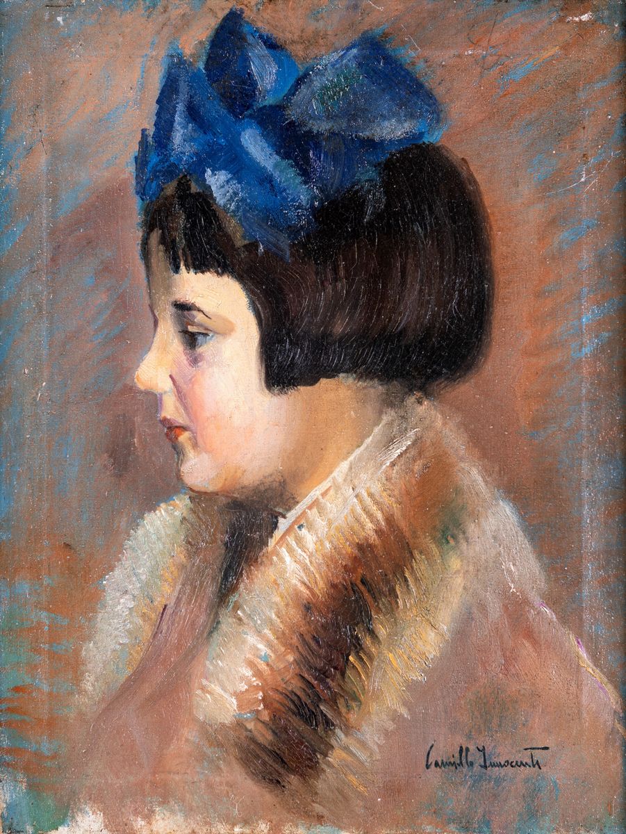 Pittore del XIX/XX Secolo - Profilo di Bambina con Fiocco Azzurro