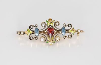 Spilla Liberty in Oro, Smalti Policromi, Granato e Perla