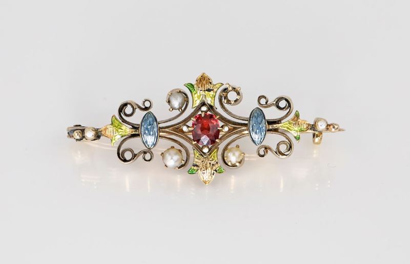 Spilla Liberty in Oro, Smalti Policromi, Granato e Perla