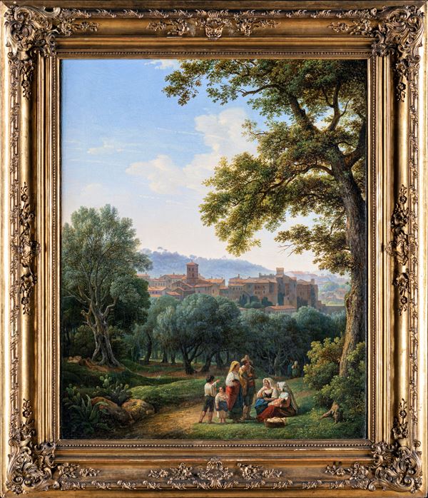 Scuola Romana del XVIII secolo - Paesaggio con veduta di borgo e figure