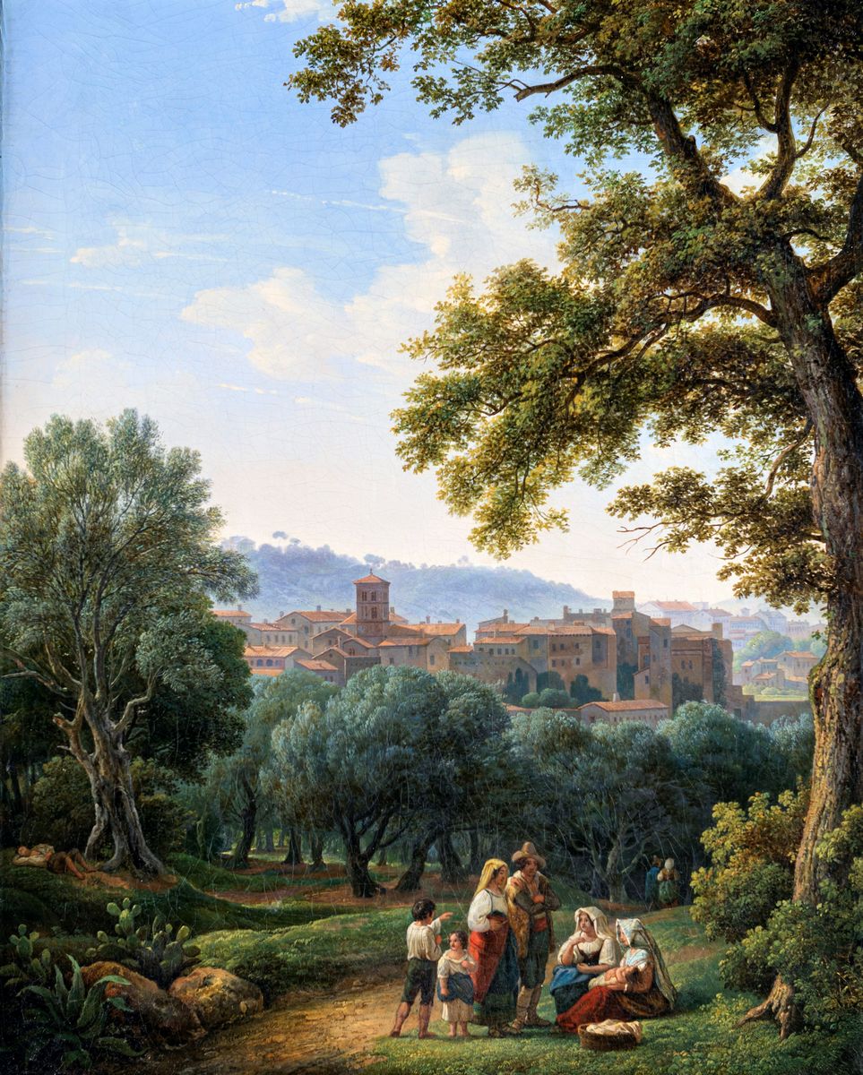 Scuola Romana del XVIII Secolo - Paesaggio con Veduta di Borgo e Figure
