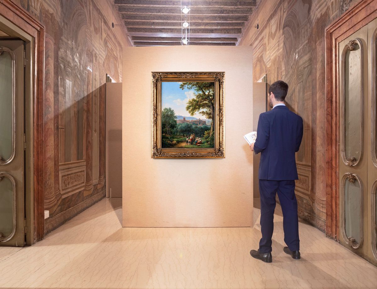 Scuola Romana del XVIII Secolo - Paesaggio con Veduta di Borgo e Figure