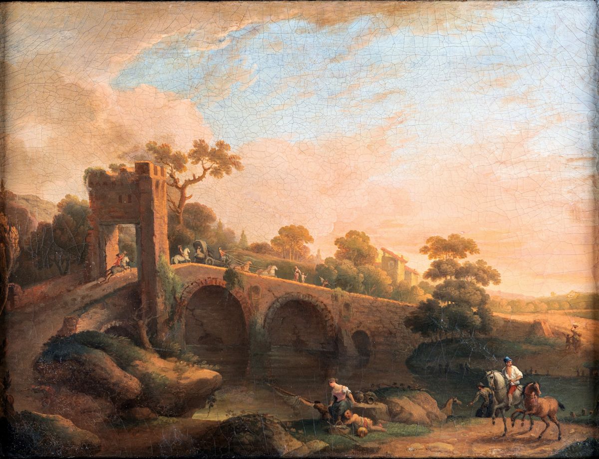 Pittore Romano del XVIII Secolo - Veduta di Paesaggio con Ponte