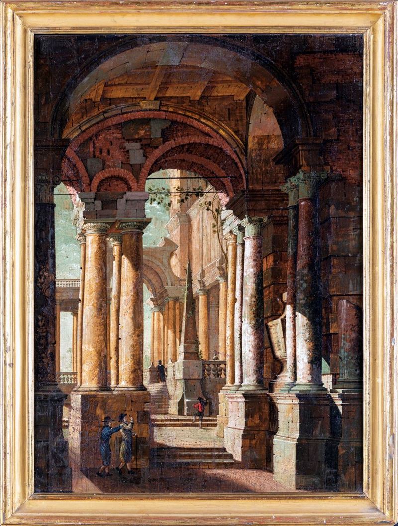 Pittore Lombardo del XVIII Secolo - Capriccio Architettonico con Obelisco