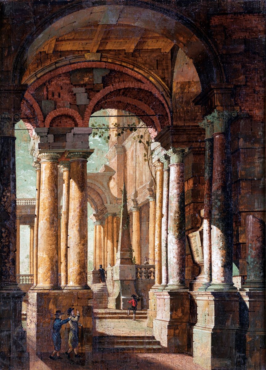 Pittore Lombardo del XVIII Secolo - Capriccio Architettonico con Obelisco