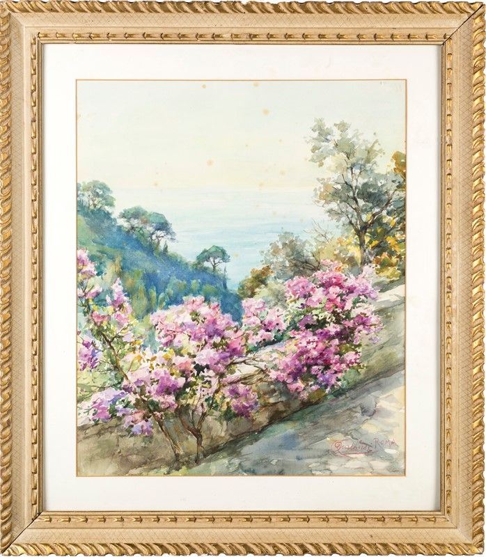 Onorato Carlandi - Scorcio con Fiori, Acquerello su Carta