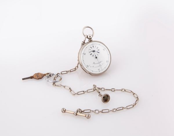 Bornard e Cie St.e Croix - Orologio da tasca a chiavetta con secondimetro da uomo in argento (?) con catena in argento