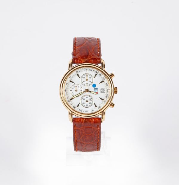 Anonimo marcato FIGC - Orologio cronografo con datario da polso al quarzo da uomo in metallo dorato ed acciaio