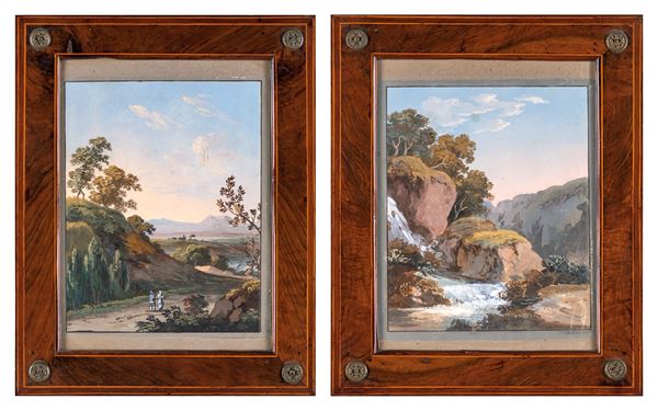 Pittore del XIX secolo - Coppi di guazzi con paesaggio di montagna
