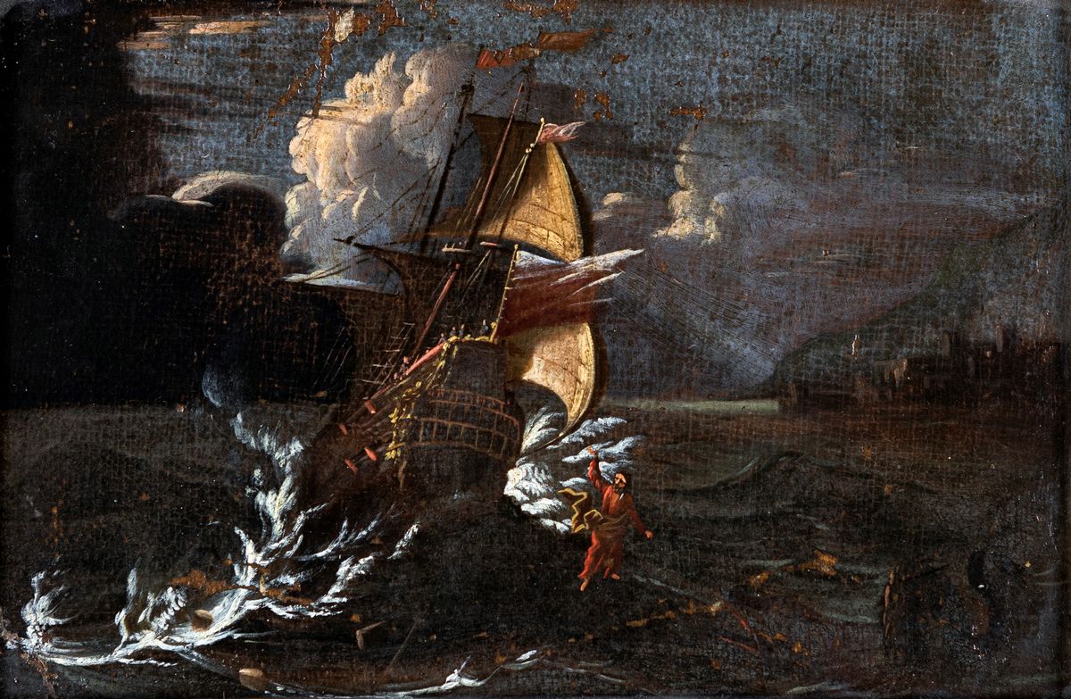 Scuola Genovese del XVII Secolo - Vascello in Mare Tempestoso