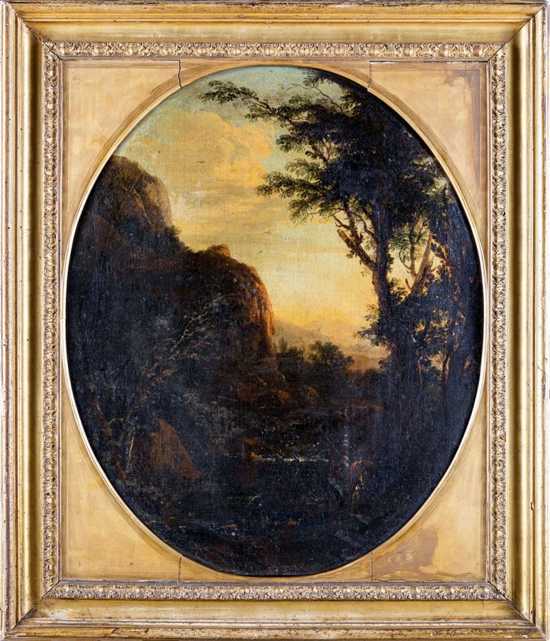 Scuola Emiliana del XVII Secolo - Paesaggio di Montagna con Alberi e Personaggi