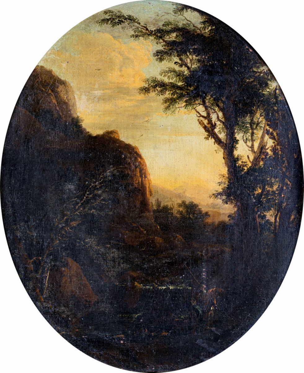 Scuola Emiliana del XVII Secolo - Paesaggio di Montagna con Alberi e Personaggi