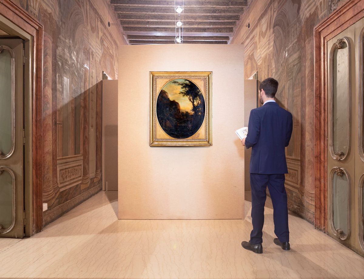 Scuola Emiliana del XVII Secolo - Paesaggio di Montagna con Alberi e Personaggi
