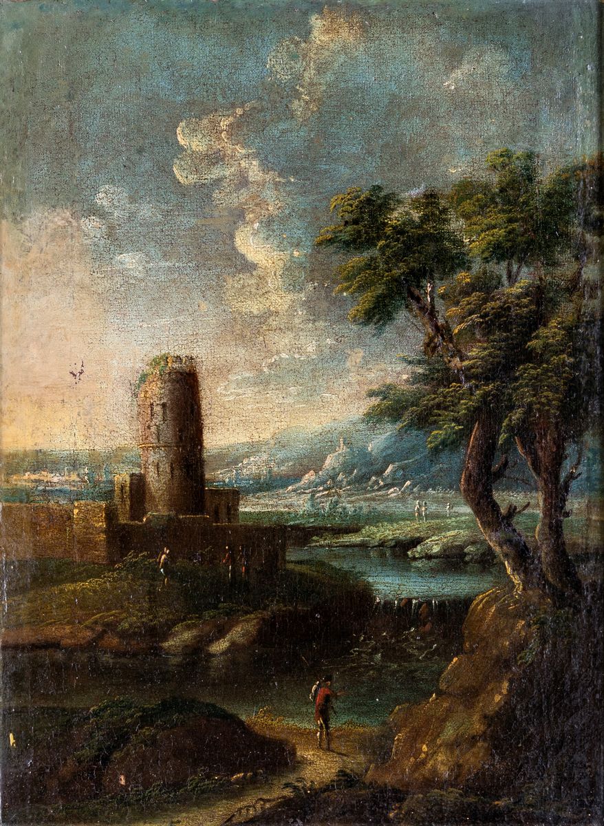 Scuola Veneta del XVIII Secolo - Coppia di Paesaggi con Figure