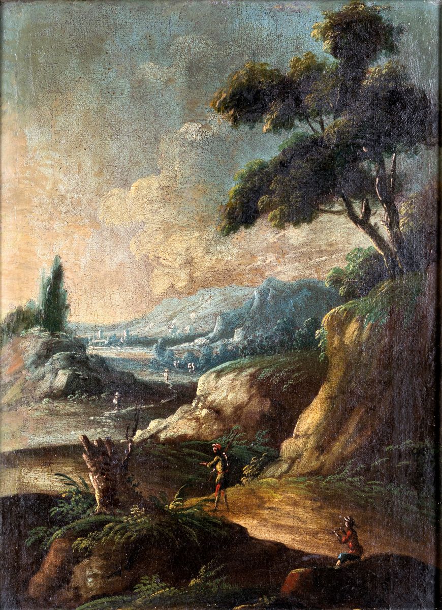 Scuola Veneta del XVIII Secolo - Coppia di Paesaggi con Figure