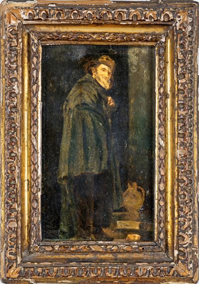 Figura di Vecchio Sorridente con Mantello Scuro