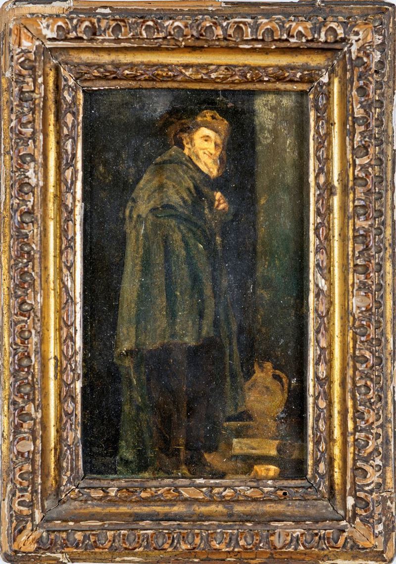 Pittore del XVIII Secolo - Figura di Vecchio Sorridente con Mantello Scuro