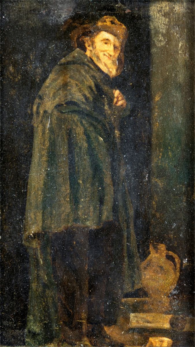 Pittore del XVIII Secolo - Figura di Vecchio Sorridente con Mantello Scuro