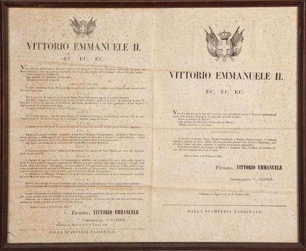 Decreto di Vittorio Emanuele II Re d'Italia datato 12/1/1861 e contrassegnato Camillo Benso Conte di Cavour, per la nomina del Principe Eugenio di Savoia Carignano a Luogotenente Generale delle Provincie Napoletane a seguito dell'annessione delle stesse al Regno Italiano del 17/12/1860  - Incisione su carta - Asta Asta a Tempo - Libri Antichi e Stampe - Casa d'Aste Arcadia