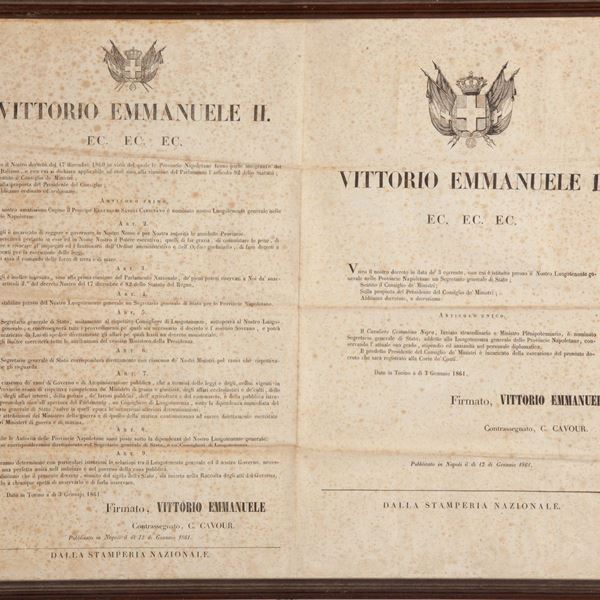 Decreto di Vittorio Emanuele II Re d'Italia datato 12/1/1861 e contrassegnato Camillo Benso Conte di Cavour, per la nomina del Principe Eugenio di Savoia Carignano a Luogotenente Generale delle Provincie Napoletane a seguito dell'annessione delle stesse al Regno Italiano del 17/12/1860