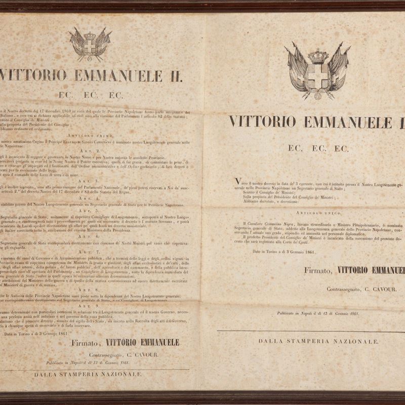 Decreto di Vittorio Emanuele II Re D'italia Datato 12/1/1861 e Contrassegnato Camillo Benso Conte...