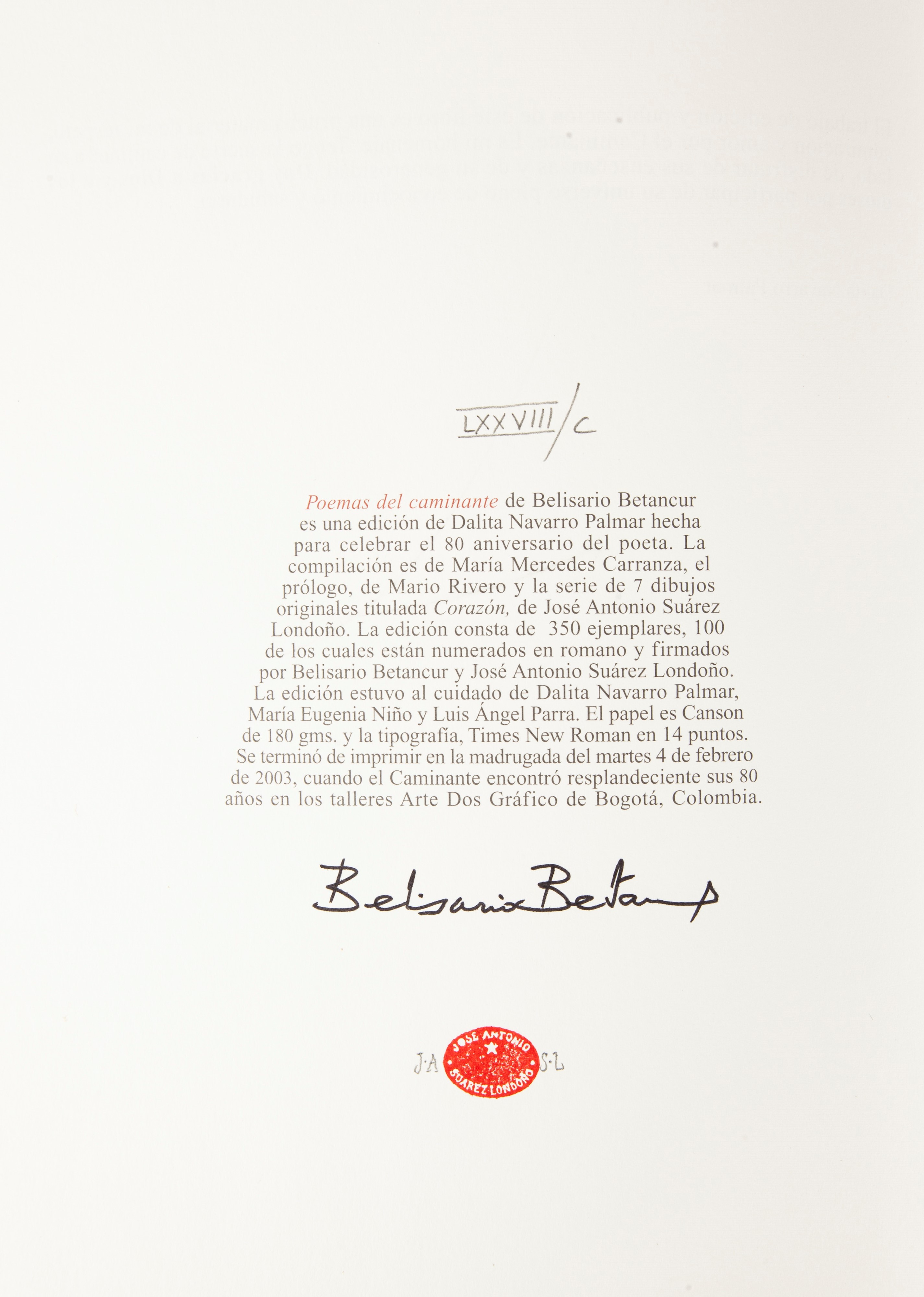 Belisario Betancur - Poemas del caminante (edizione speciale con dedica autografa dell'autore). I...
