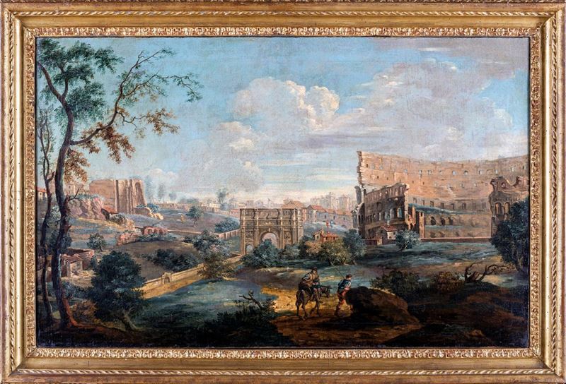 Scuola Romana del XVIII Secolo - Veduta con Arco di Costantino e Colosseo