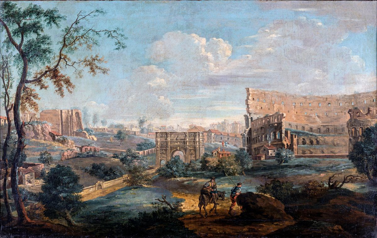 Scuola Romana del XVIII Secolo - Veduta con Arco di Costantino e Colosseo