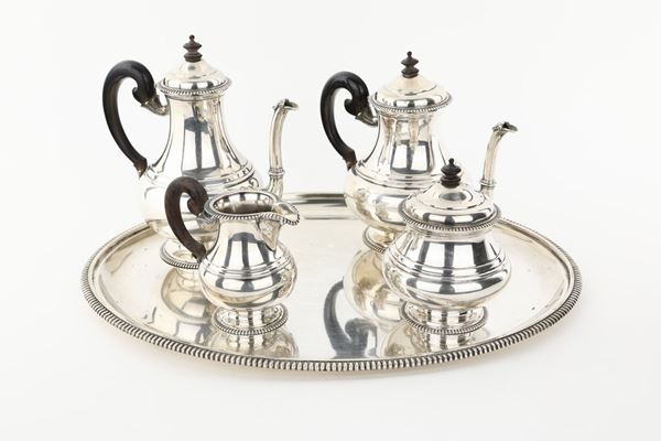 Servizio da tè e caffè con vassoio in argento 800, Mancini Lefèvre Roma