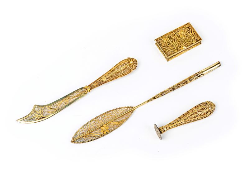 Servizio da Scrivania in Filigrana D'argento Dorato, Fine del XIX Secolo