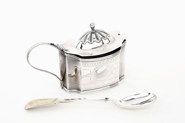 Mostardiera in argento d'epoca Giorgio III, Londra 1798, con cucchiaino