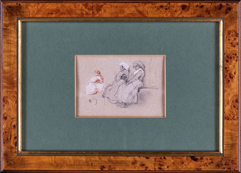 Scuola Italiana del XX Secolo - Due Disegni: "tre Donne in Costume Laziale"; al Verso "paesaggio ...