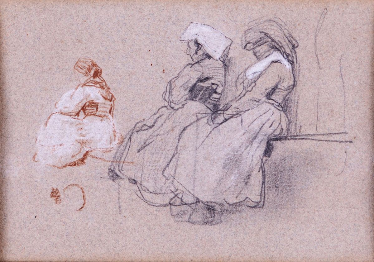 Scuola Italiana del XX Secolo - Due Disegni: "tre Donne in Costume Laziale"; al Verso "paesaggio ...