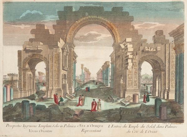 Anonimo del XVIII secolo - Veduta ottica delle rovine dell'arco del colonnato a Palmira sul lato orientale, Parigi, Jean Francois Daumont editore