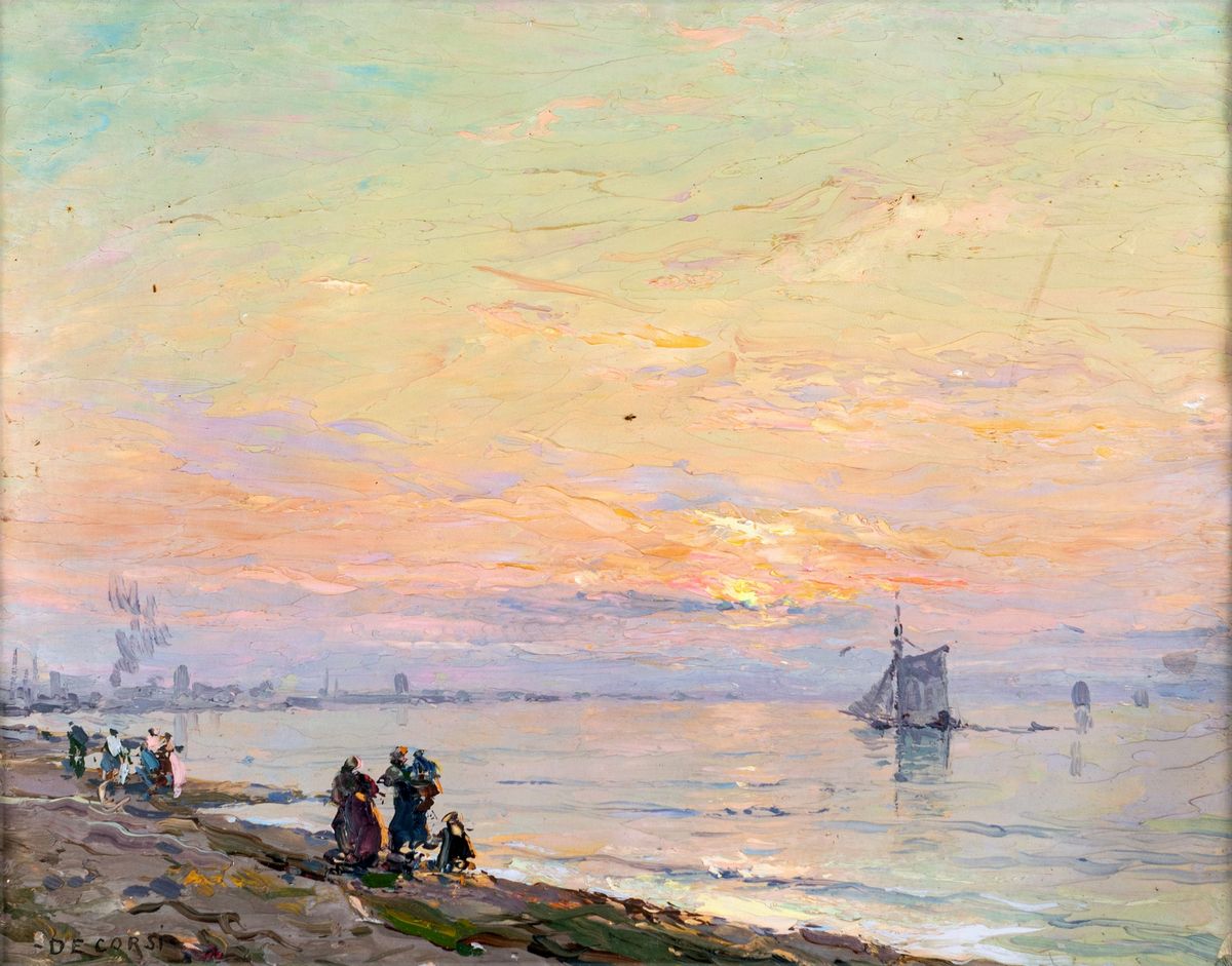 Nicolas De Corsi - Marina con Personaggi e Scorcio di Città