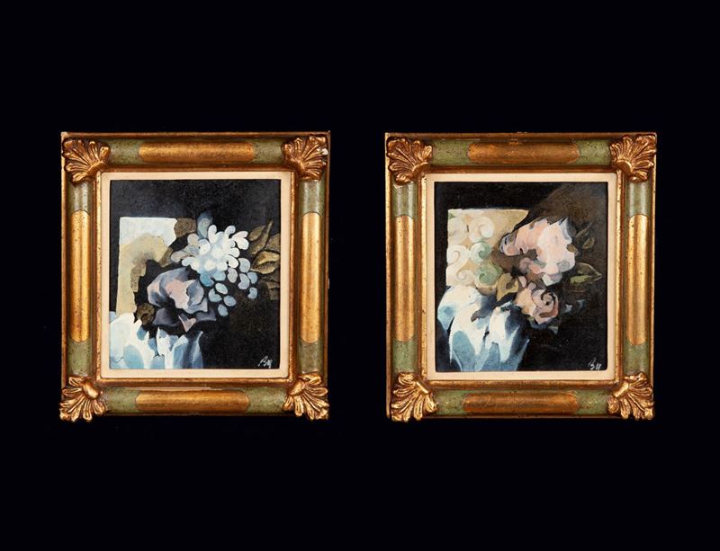 Anonimo del XX Secolo - Coppia di Dipinti Raffiguranti Fiori