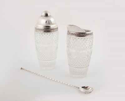 Shaker e Versatoio con Cucchiaio Mescolatore in Argento e Cristallo, Firenze, Anni Cinquanta