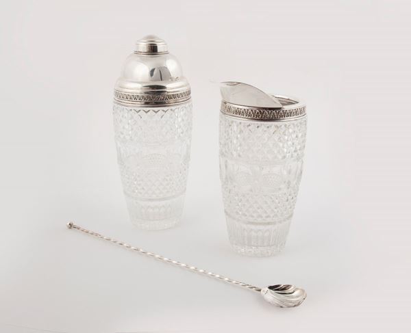 Shaker e versatoio con cucchiaio mescolatore in argento e cristallo, Firenze, Anni Cinquanta