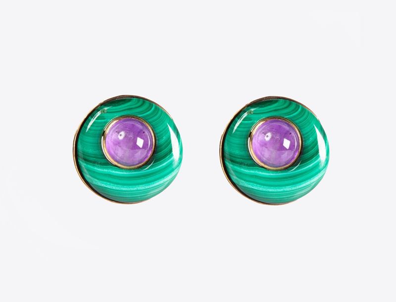 Coppia Clips in Oro Ametiste e Malachite