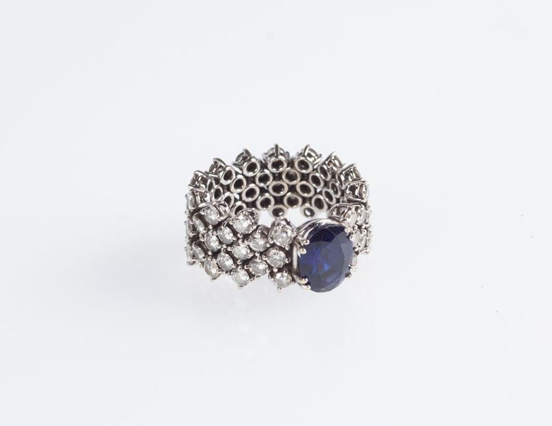 Anello a Fascia in Oro, Zaffiro e Brillanti