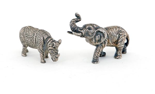 Rinoceronte ed elefante in argento