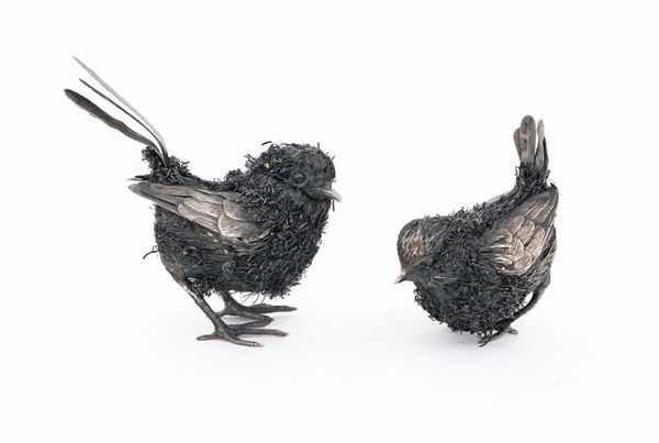 Coppia di uccellini in argento e filo d'argento