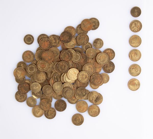 Lotto di 129 "Spiele Munzen" (Monete da gioco) in ottone e 2 Gettoni in metallo