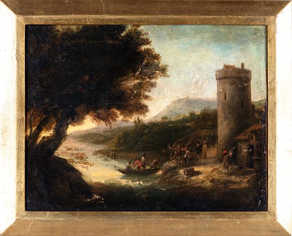 Scuola Romana del XVII secolo - Paesaggio fluviale con torre