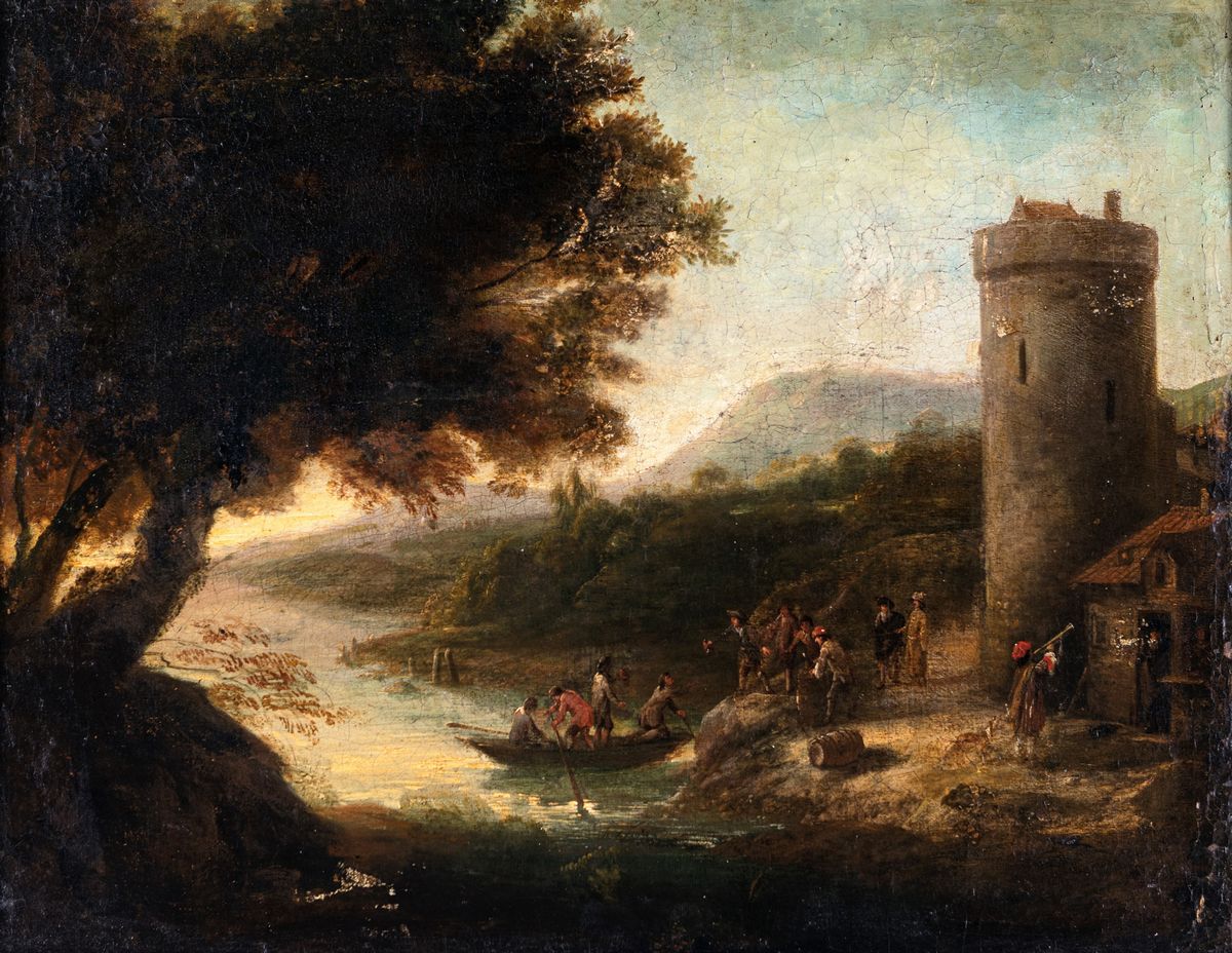 Scuola Romana del XVII Secolo - Paesaggio Fluviale con Torre