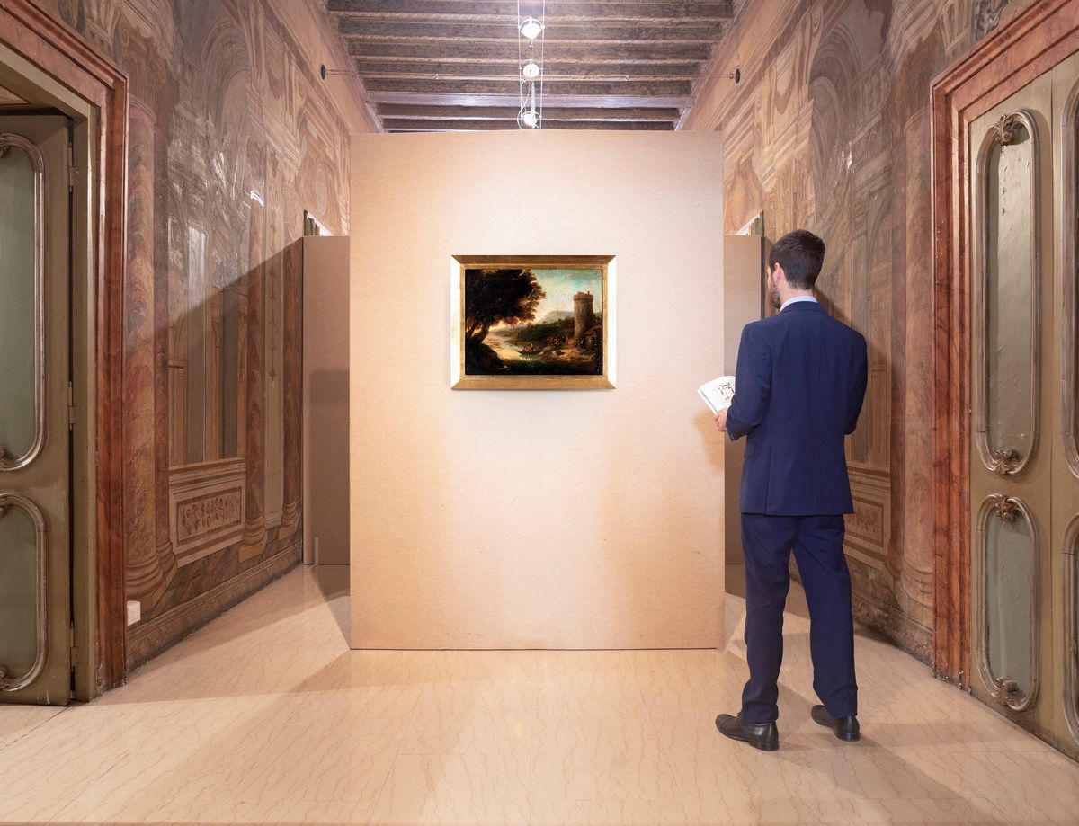 Scuola Romana del XVII Secolo - Paesaggio Fluviale con Torre